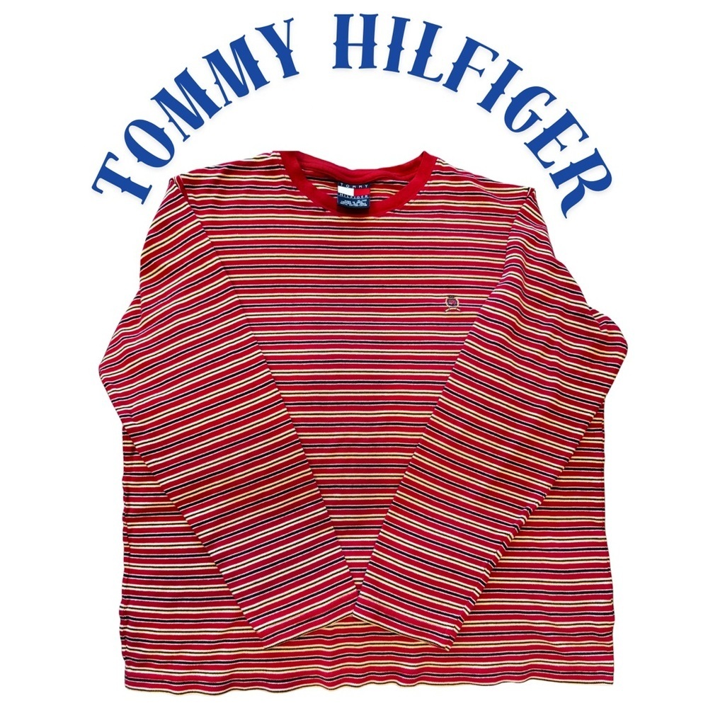 Vintage Tommy Hilfiger Red Blue Beige Green Striped Long Sleeve Crew Neck